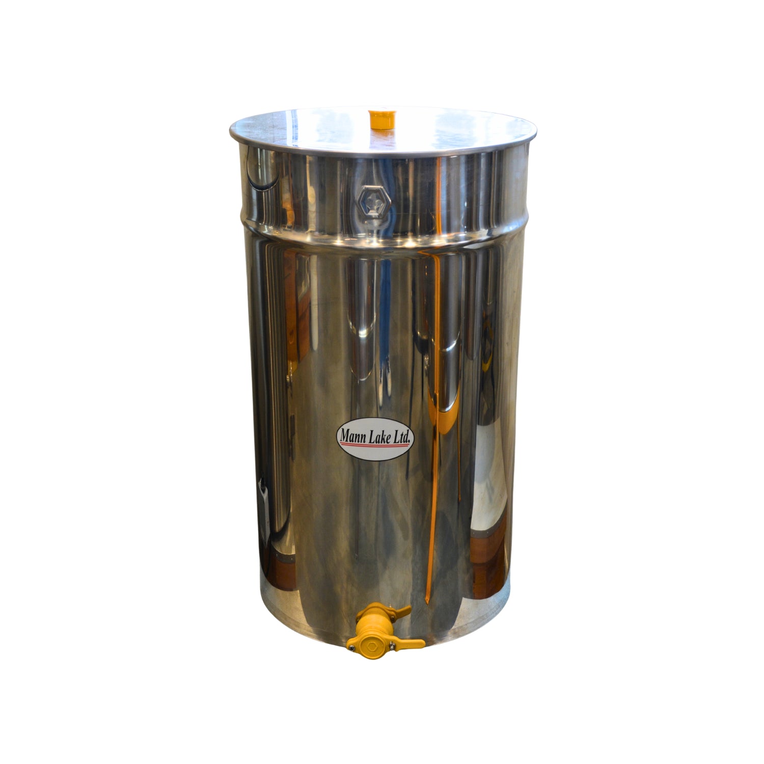 A stainless steel tank with a yellow cap on the lid and a yellow spout with a handle at the bottom. A label on the front reads 'Mann Lake Ltd'.