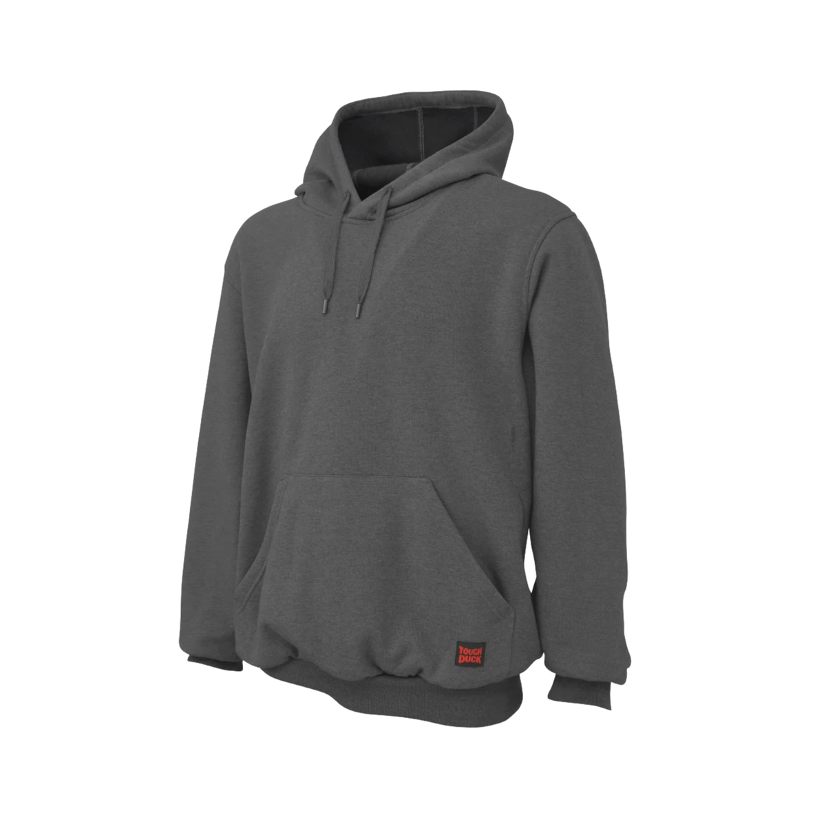 A charcoal-coloured hoodie with red Tough Duck branding on a white background