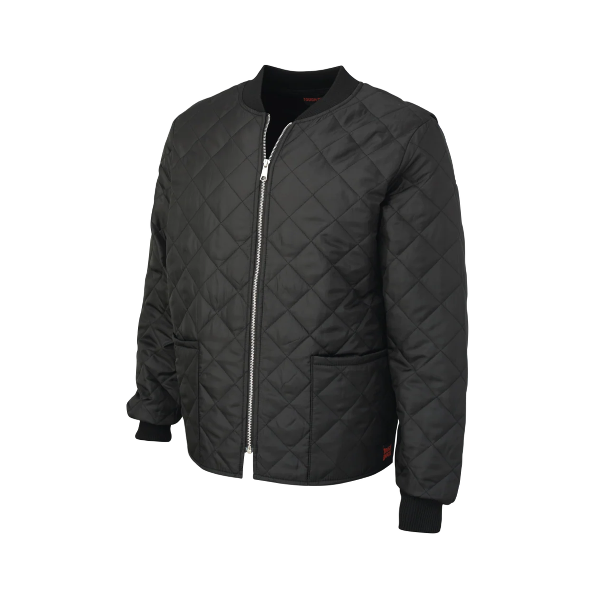 A black quilted jacket with Tough Duck branding on a white background