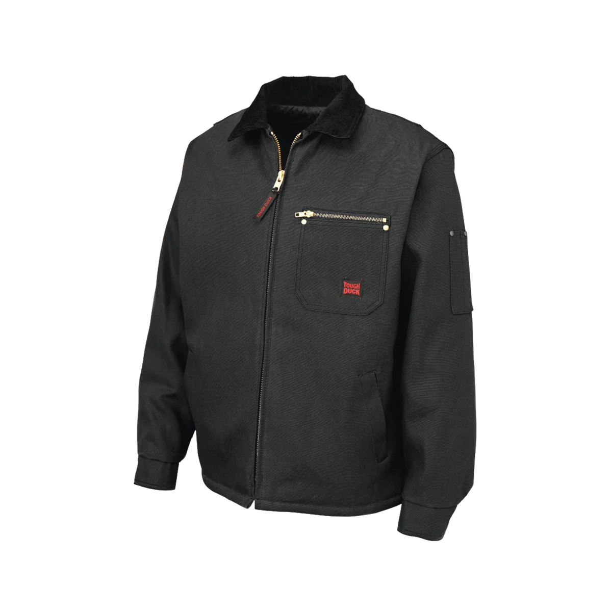 A black jacket with a fuzzy collar with Tough Duck branding on a white background