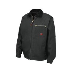A black jacket with a fuzzy collar with Tough Duck branding on a white background