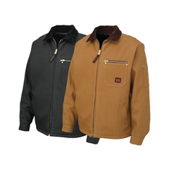 A black and brown jacket with fuzzy collars and Tough Duck branding on a white background