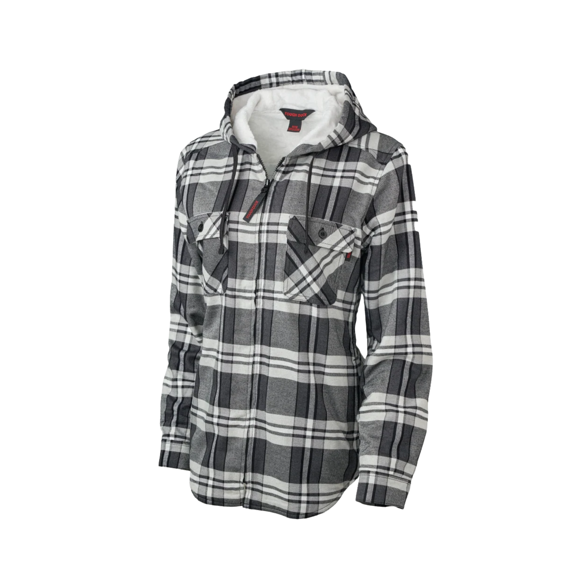 A black and grey plaid flannel with a white fuzzy lining on a white background
