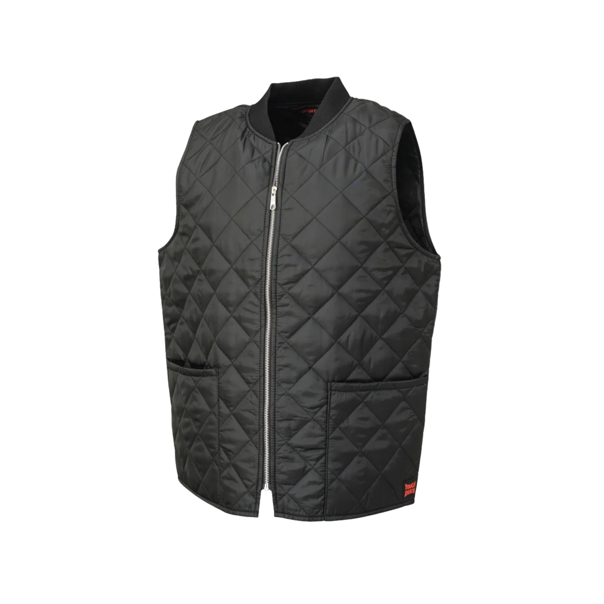A black quilted freezer vest with tough duck branding on a white background