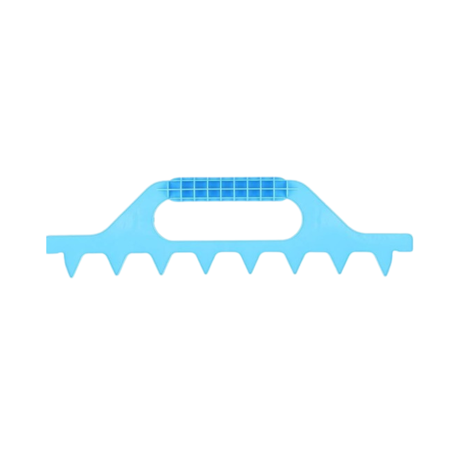 Blue plastic tool used to correctly space a seven-frame box on a white background