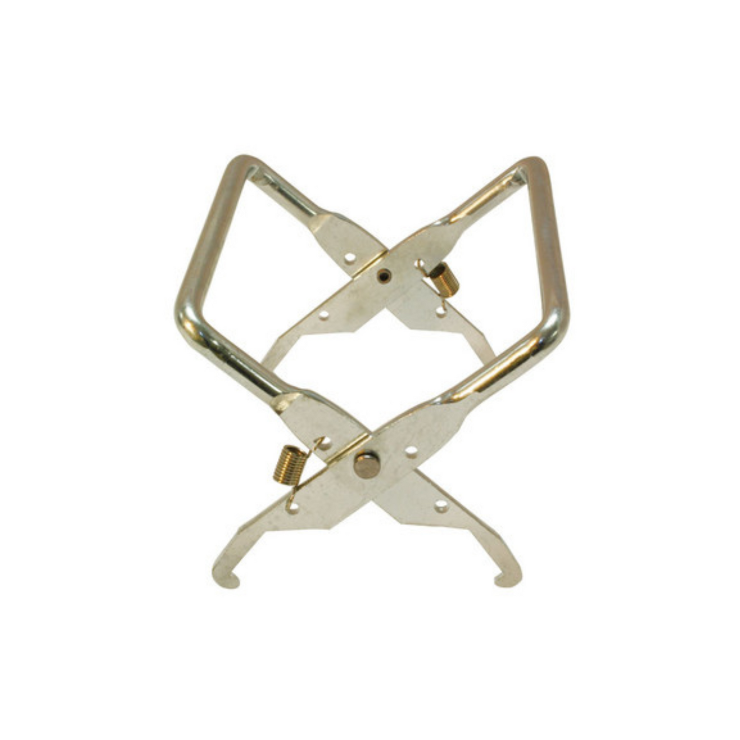 A metal frame grip tool designed for loosening and removing combs from frames, with visible springs in the handles, on a white background