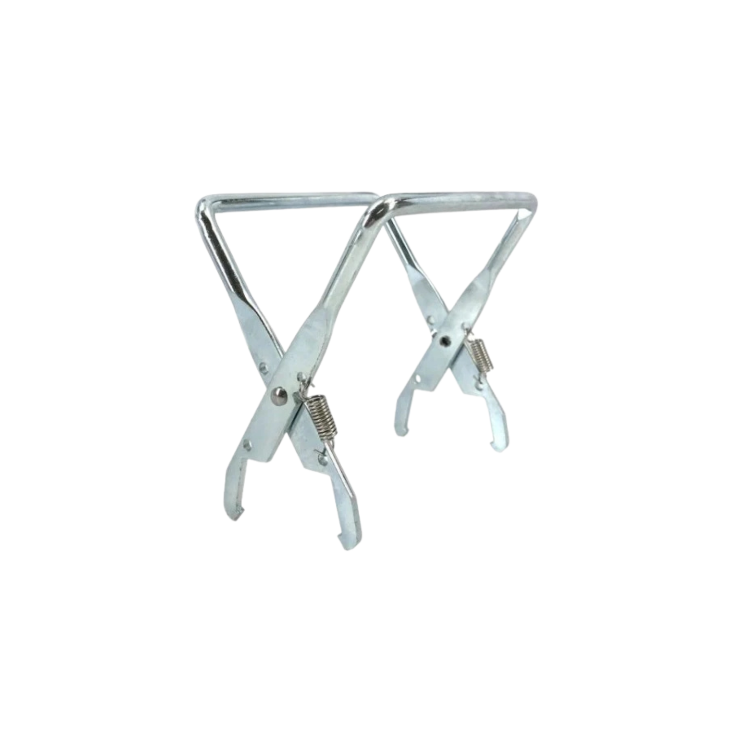 A silver, spring-loaded metal beekeeping frame grip tool designed to clamp onto and lift wooden hive frames during inspections