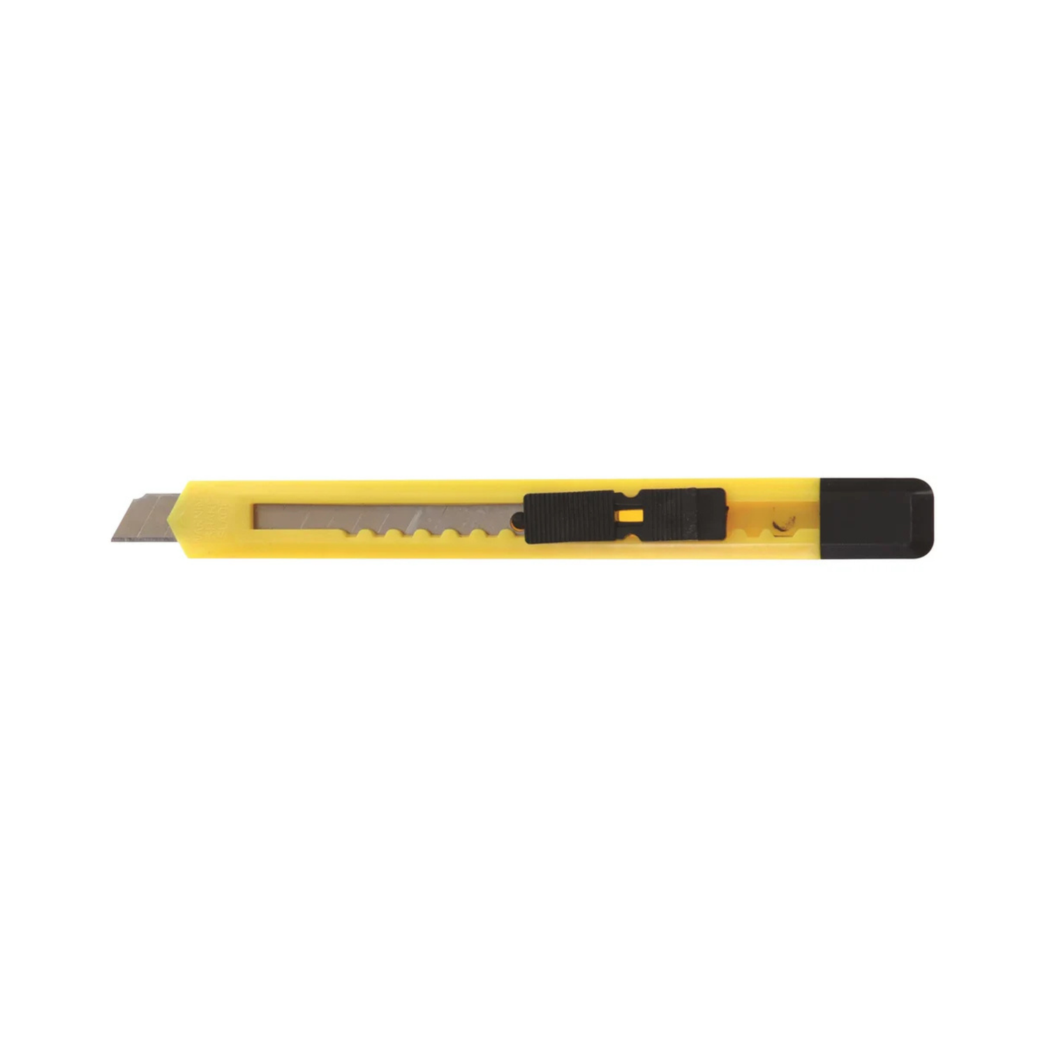 Yellow utility knife with black handle on a white background