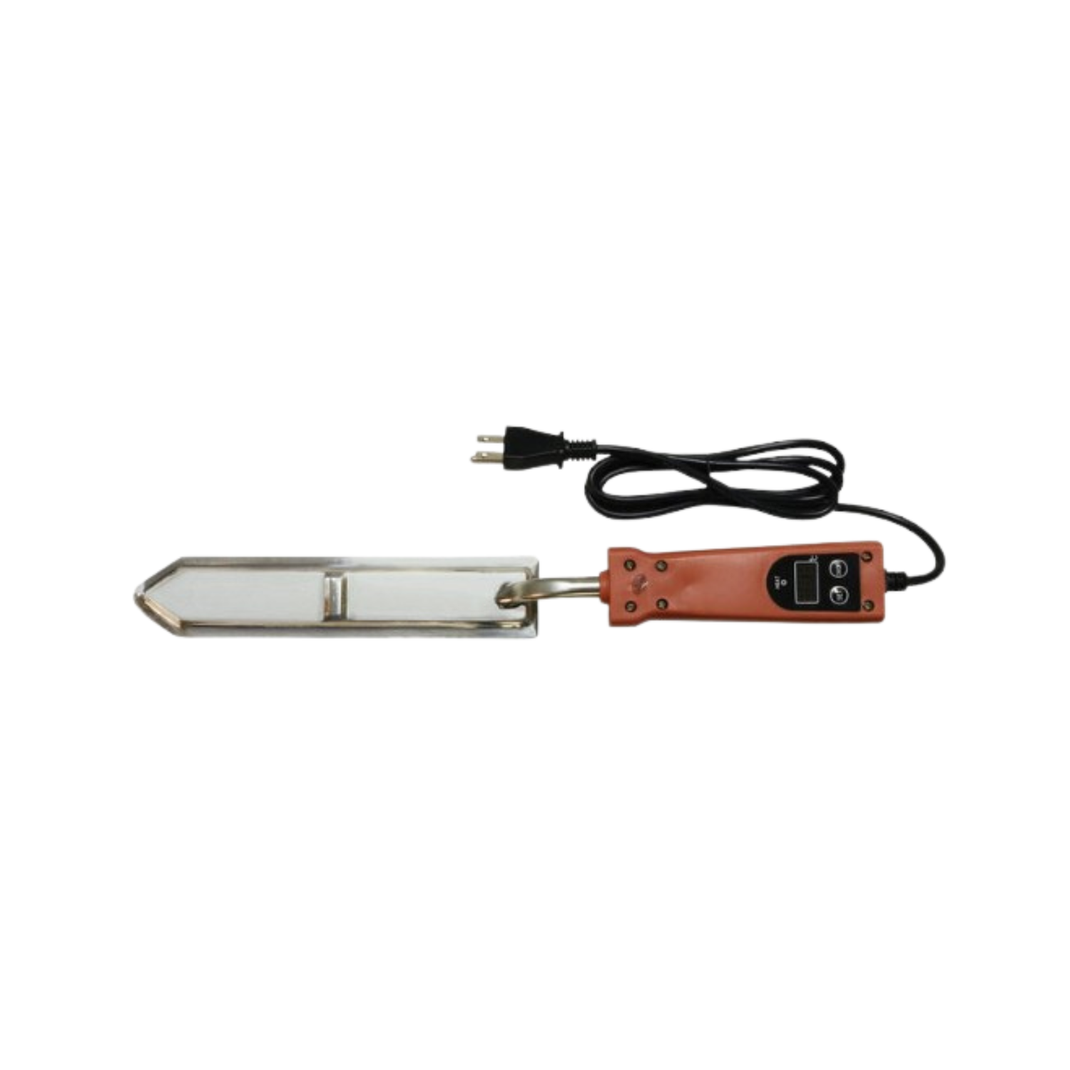 Electric honey uncapping knife with a stainless steel heated blade, plastic handle, and attached power cord