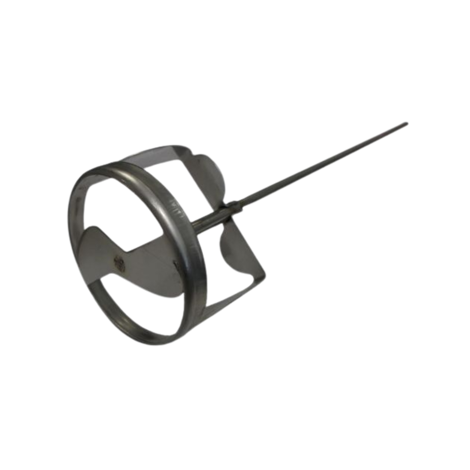 Stainless steel mixer with a long thin rod on a white background