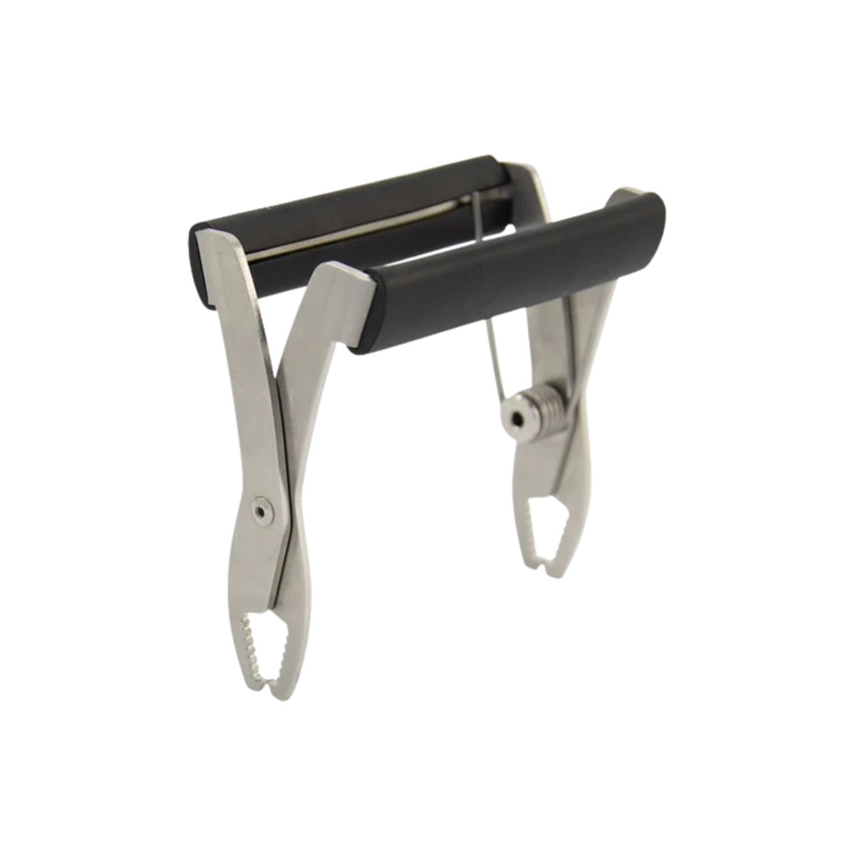 A metal frame grip with black hand cushioning on a white background