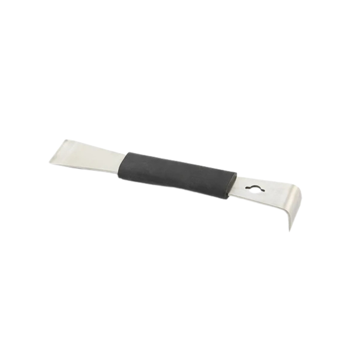 Metal tool with black handle on a white background