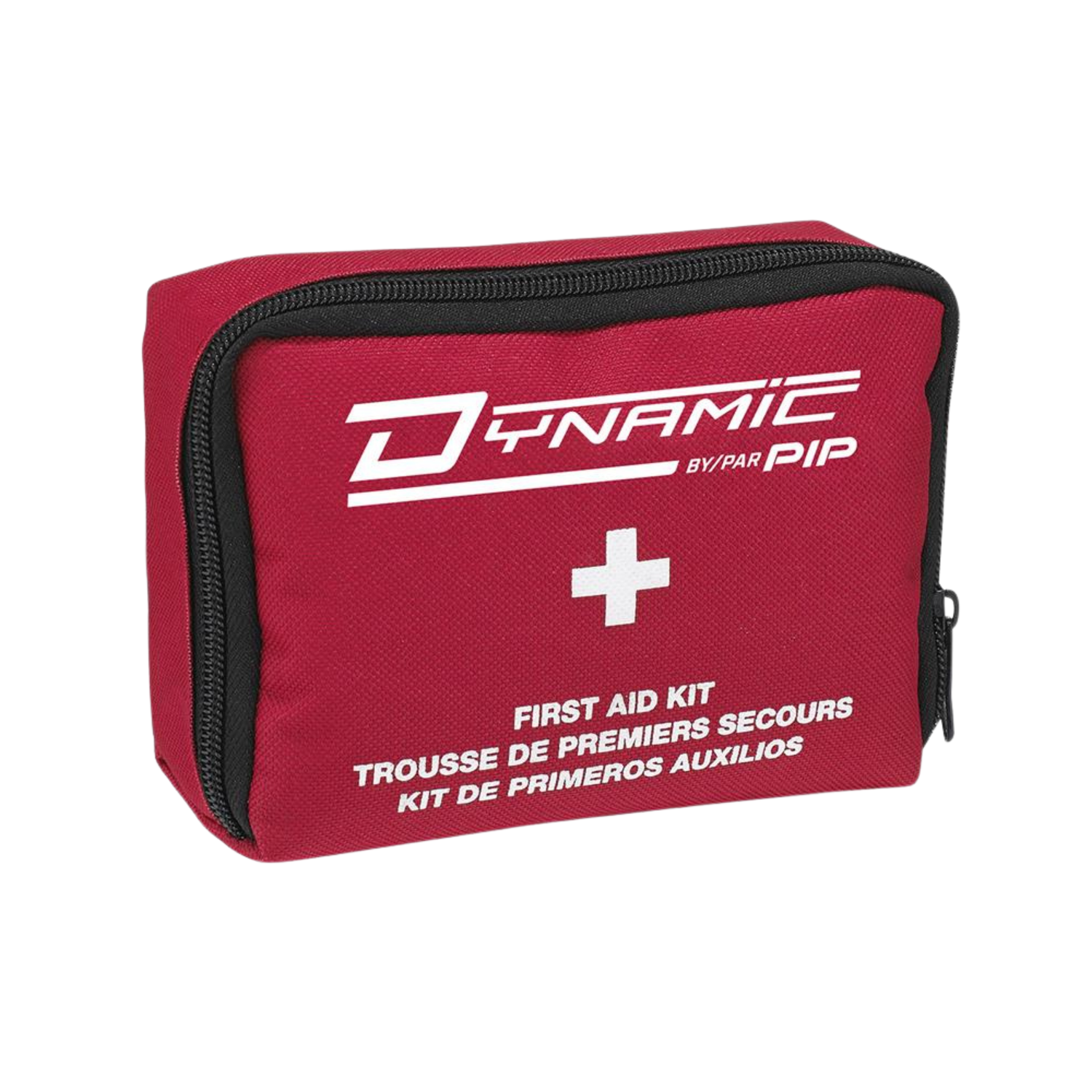 A red nylon first aid kit bag on a white background