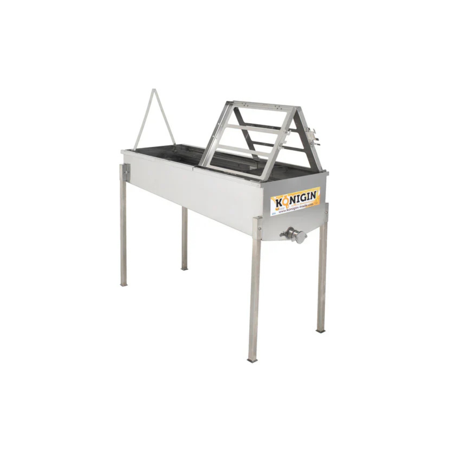 A KONIGIN brand uncapping table made of stainless steel, designed for honey processing, featuring two work stands and frame holders.