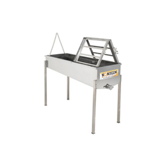 A KONIGIN brand uncapping table made of stainless steel, designed for honey processing, featuring two work stands and frame holders.