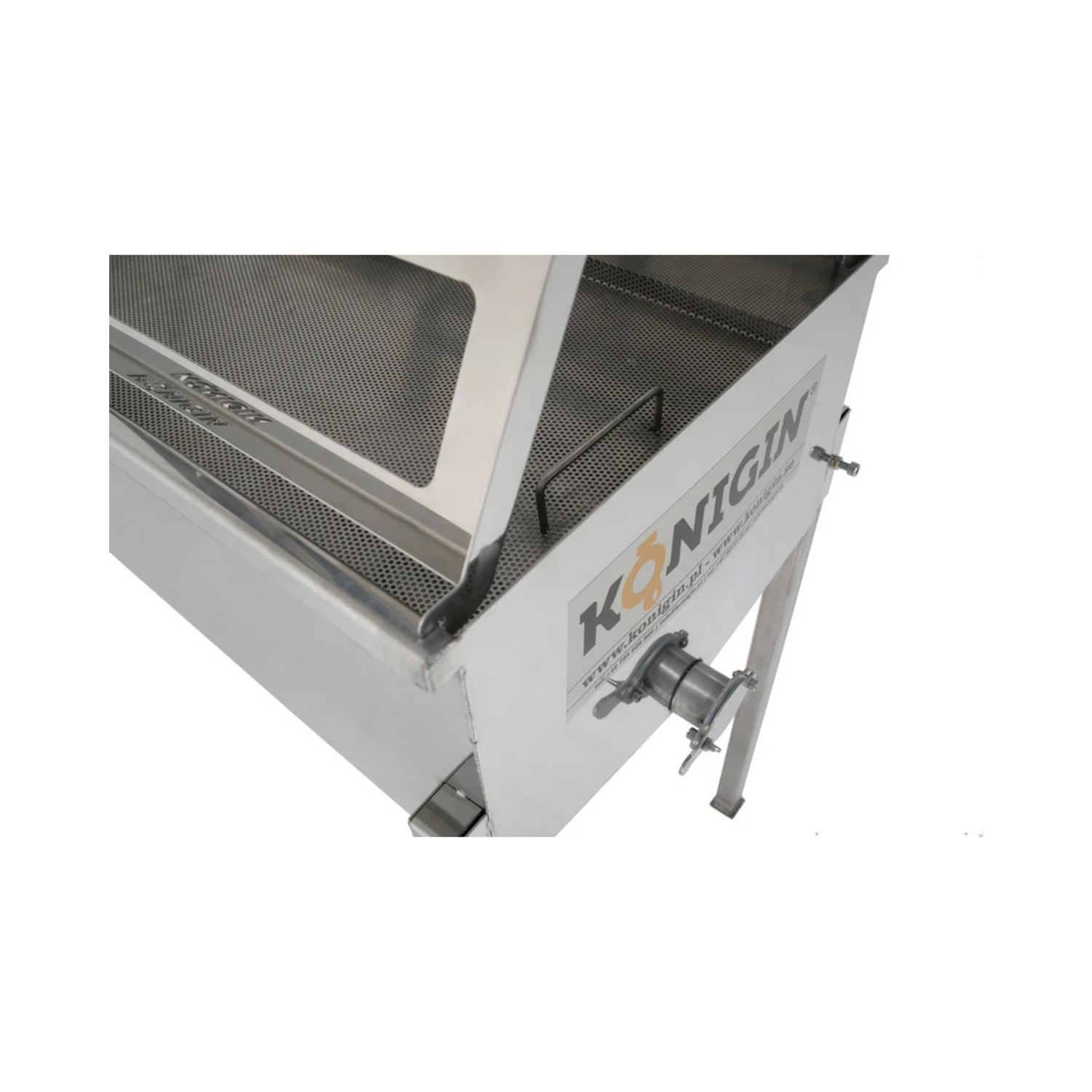 A close up of a KONIGIN brand uncapping table made of stainless steel, designed for honey processing, featuring two work stands and frame holders.
