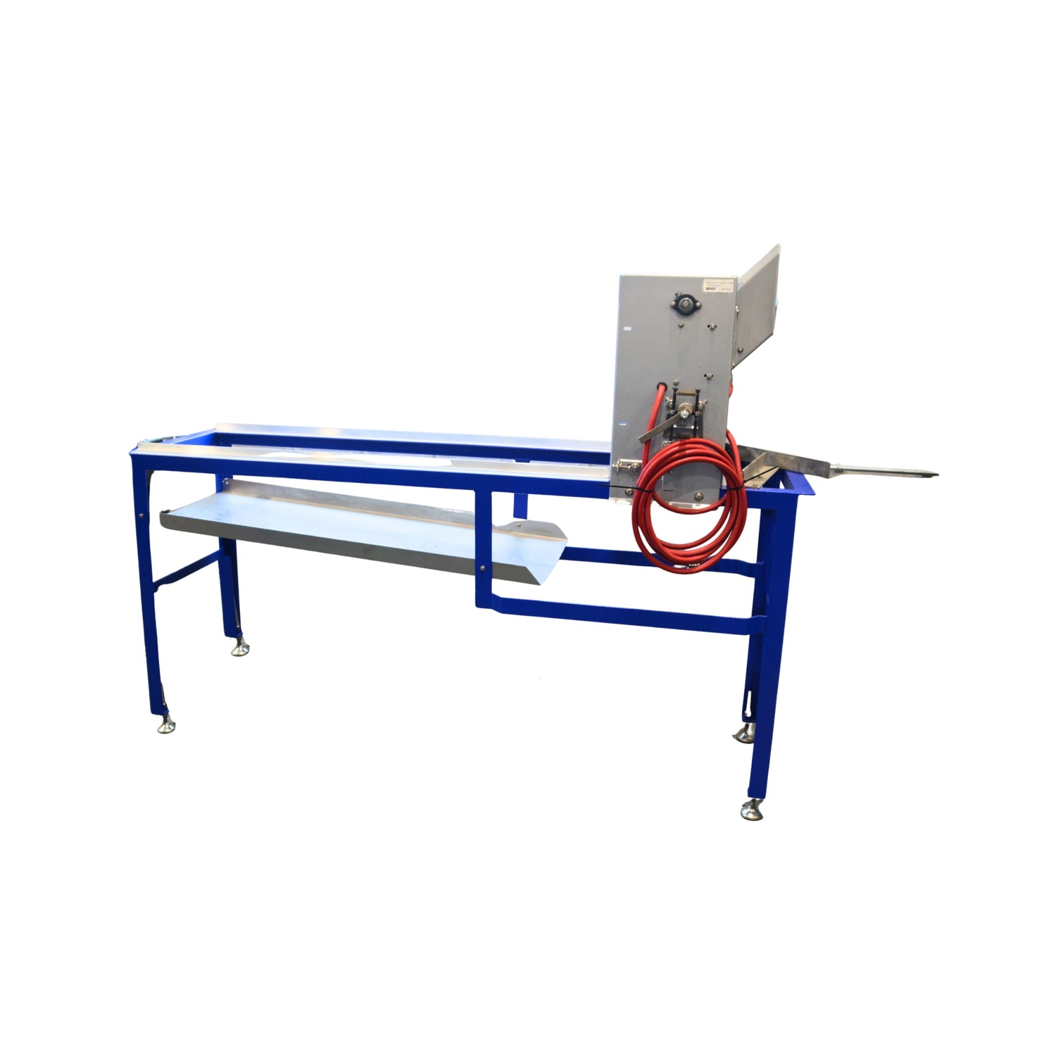 A metal uncapper with blue accents and a red cord on a white background