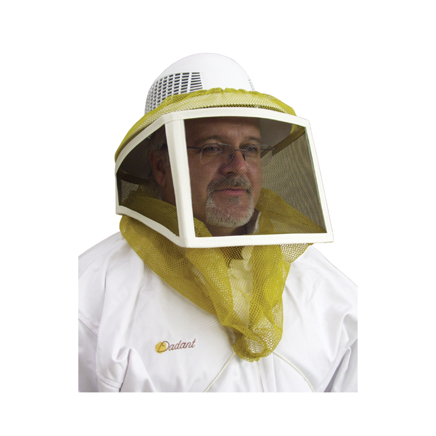 Person wearing a beekeeping suit with a veil on a white background