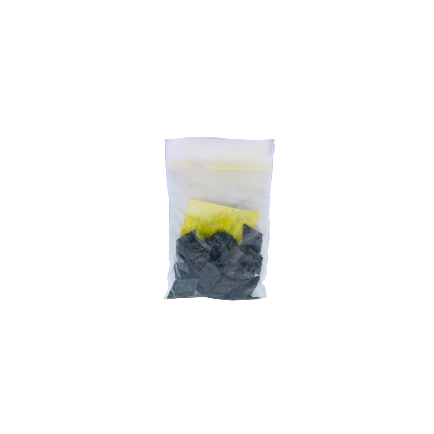A small clear plastic pouch containing aqua dye chips shown on a plain white background.