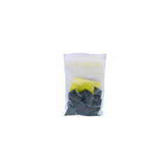 A small clear plastic pouch containing aqua dye chips shown on a plain white background.