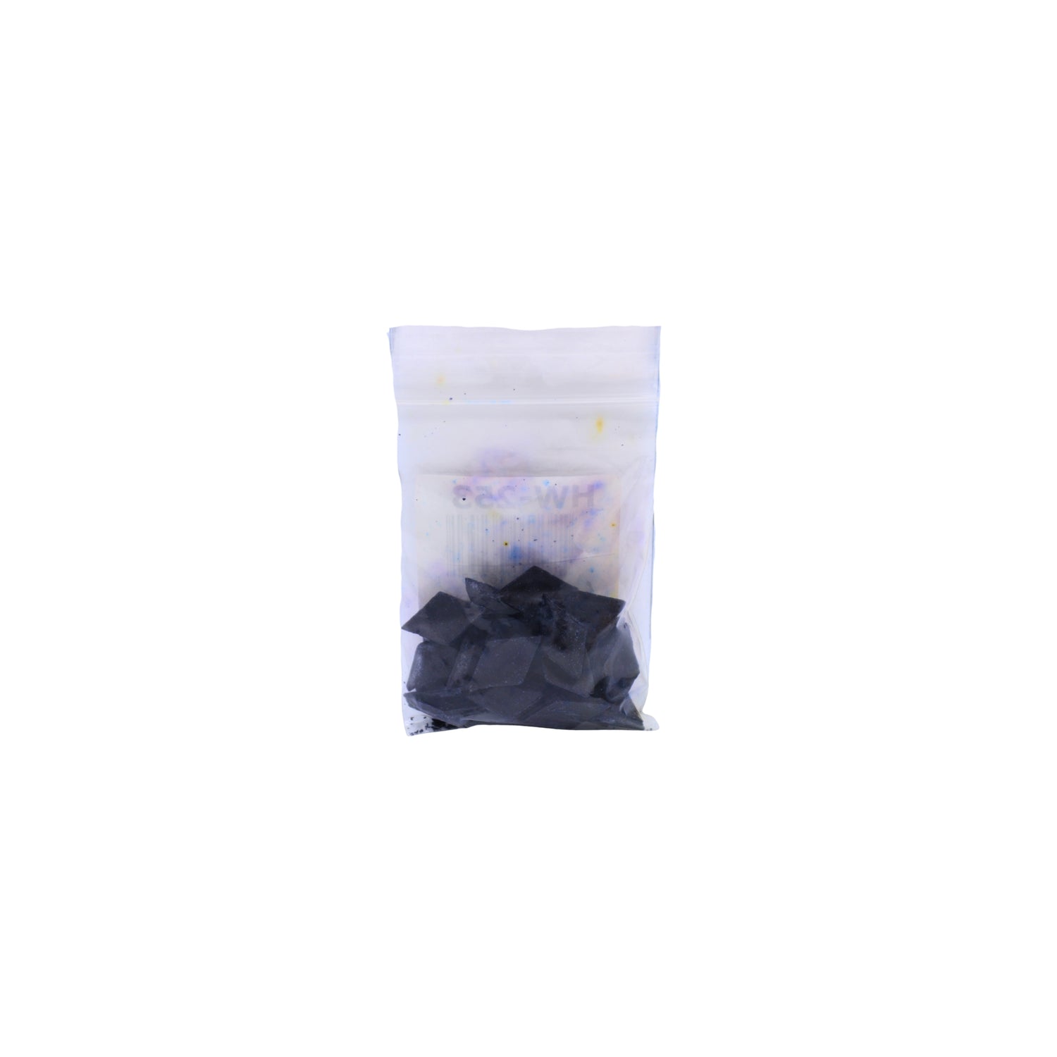 A small clear plastic pouch containing blue dye chips shown on a plain white background.