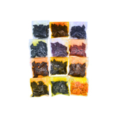 A 3x4 grid of 12 small clear plastic bags containing assorted dye chips colors, shown on a plain white background.