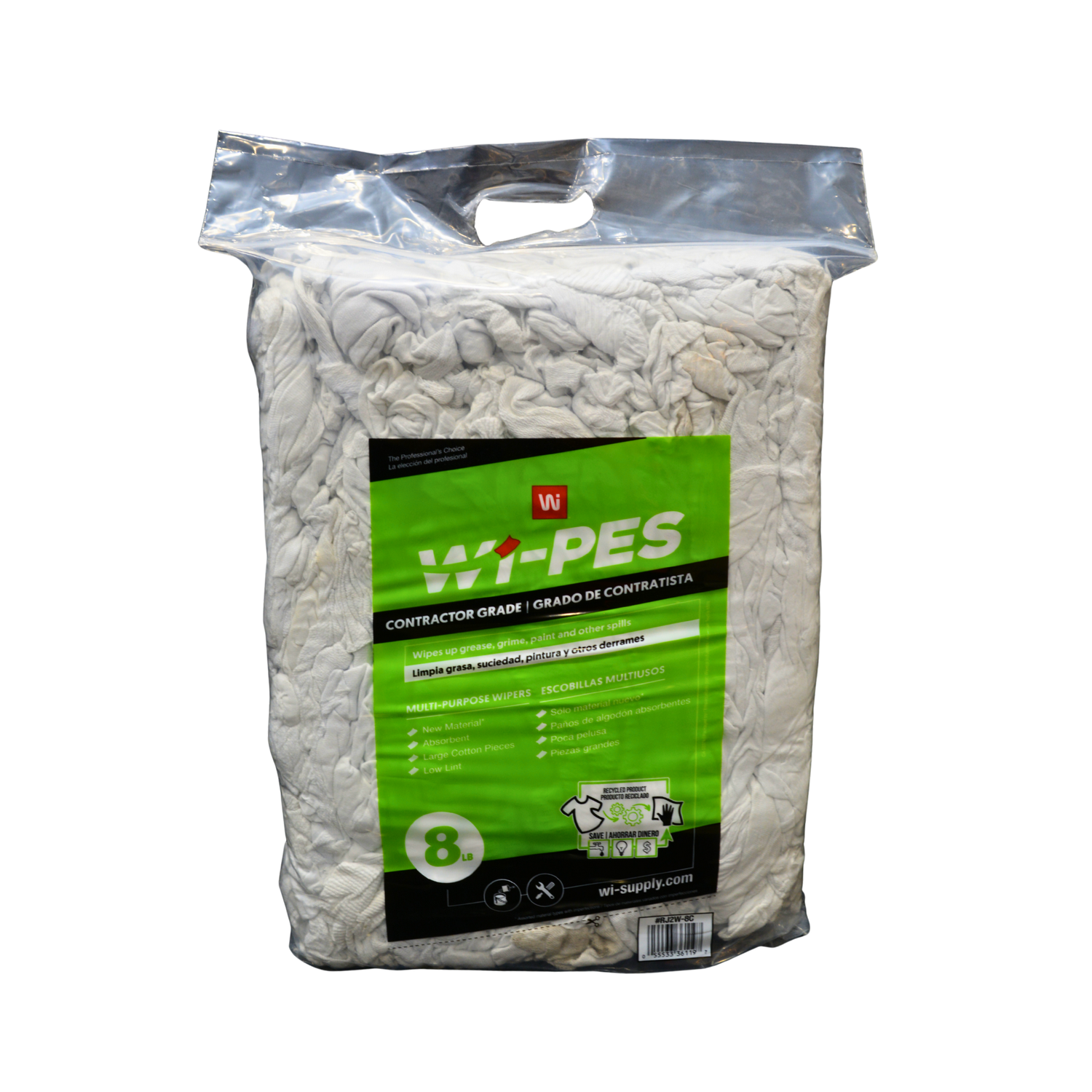 A clear, plastic bag with a green label, filled with an assortment of white jersey rags on a white background