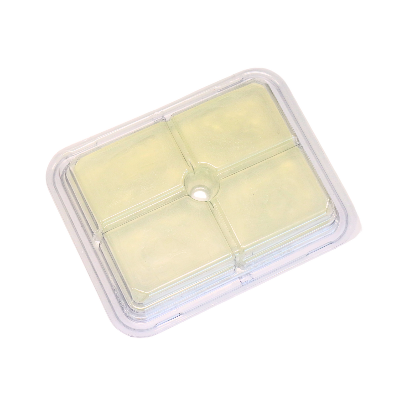 2lbs of clear glycerine soap base in a plastic container on a white background