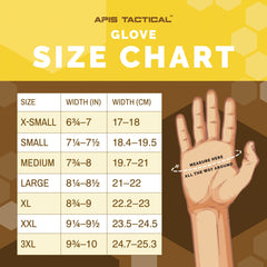 A graphic depicting a size chart for Apis Tactical gloves