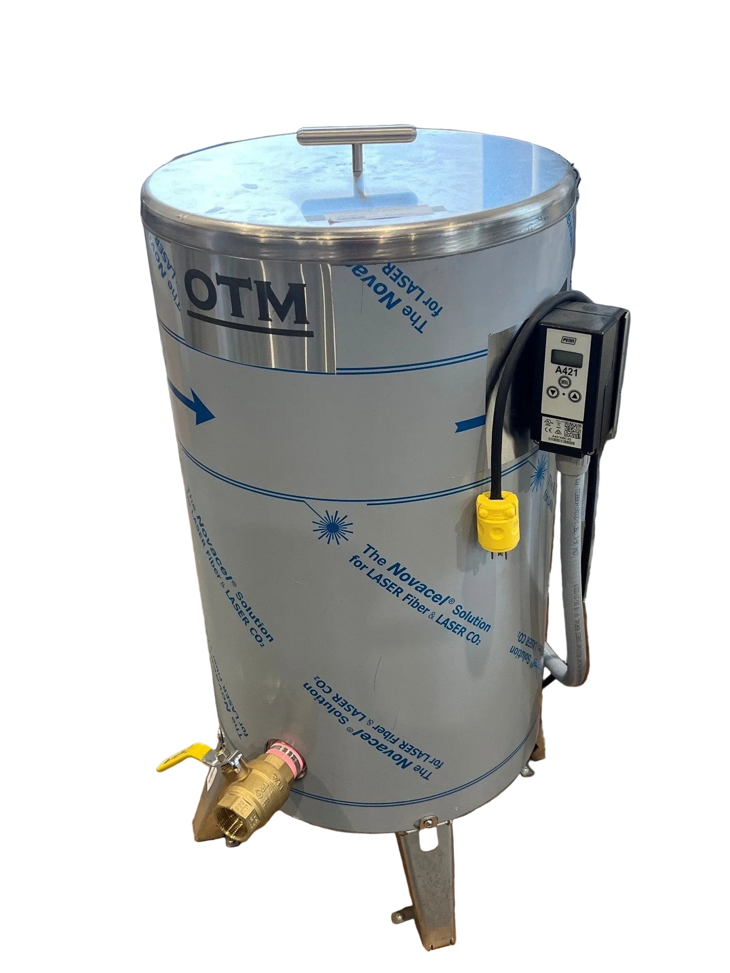Large metal tank with 'OTM' branding on a white background