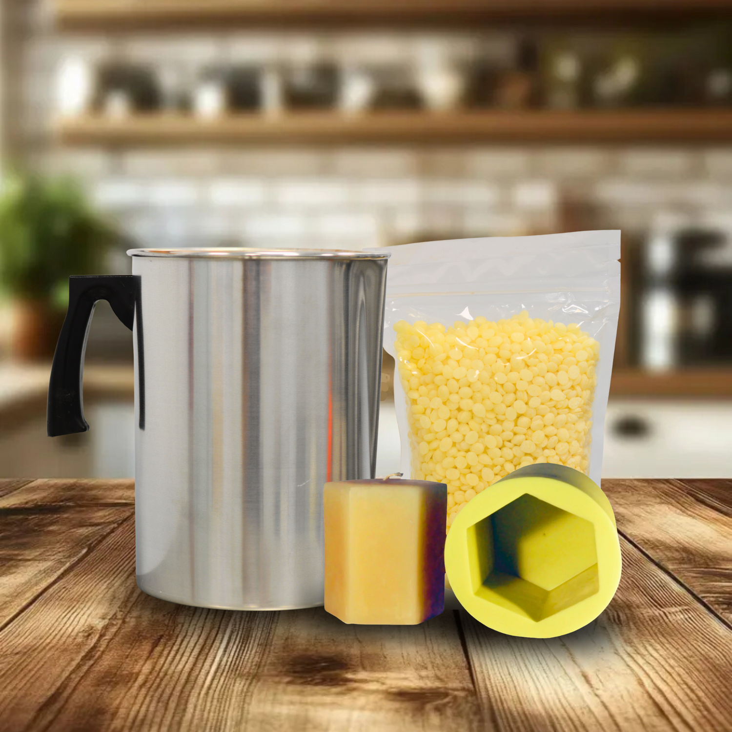 A candle-making collage displayed on a wooden table with a blurred kitchen background. The collage includes a stainless-steel wax melting pot with a black handle, a clear resealable bag filled with filtered yellow beeswax pastilles, a hexagonal beeswax candle, and a yellow silicone mold in the shape of a hexagon.