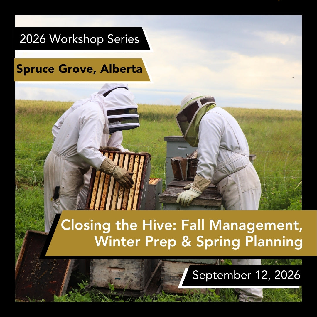 A graphic depicting three individuals looking in a bee hive while surrounding wording advertising a workshop focused on fall management, winter prep, and spring planning in regard to beekeeping