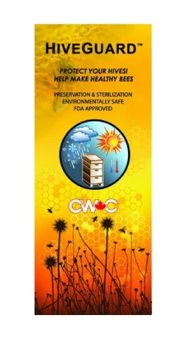 HiveGuard bee equipment wax protecting from sun and rain, with text about preserving hives, helping healthy bees, and being environmentally safe and FDA approved.