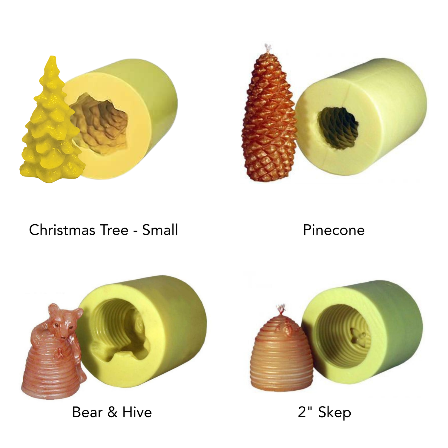 Two candle molds and their corresponding candles displayed with their names on a white background