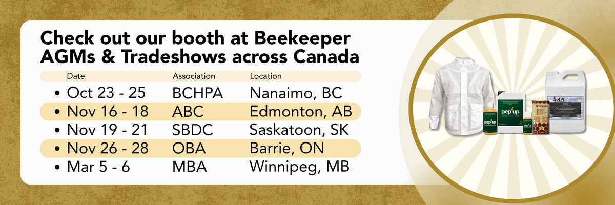 A graphic depicting a list of AGMs and tradeshows that Bee Supplies will be attending