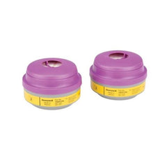 Two purple filter cartridges for a respirator with yellow labels on a white background