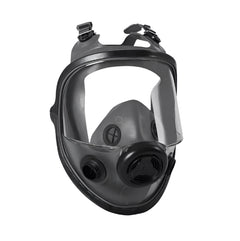Black full-face respirator mask on a white background